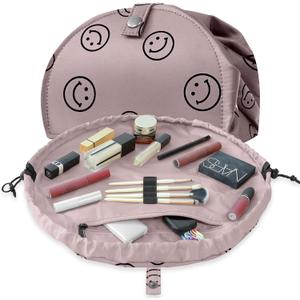 Drawstring Makeup Bag Open Lay Flat,Large Capacity Cosmetic Bag For Women Purse With Compartments,Travel Toiletry Bag Accessories Organize (Brown)