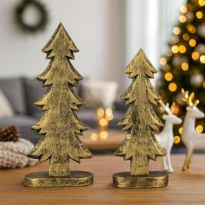 Mie Creations Christmas Tree Set of 2 Figurines, Xmas Rustic Decorations for Home, Living Room, Table Centerpiece, Mantel, Winter Indoor Elegant Decor, Vintage Gold Wooden Christmas Trees-12,10 inch