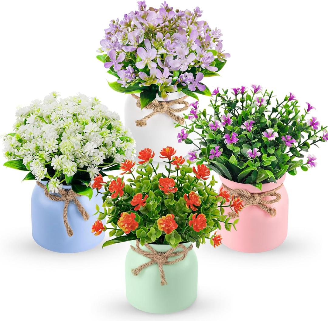 Der Rose 4 Pack Fake Flowers Small Artificial Faux Plants Indoor Spring Summer Decor for Centerpiece Table Decorations Home Office Desk Wedding Decor