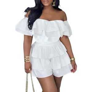 Geulis Womens Boho off Shoulder Rompers Summer Ruffle Dresses Short Sleeve Tiered Short Jumpsuits (X-Large, 1-white)