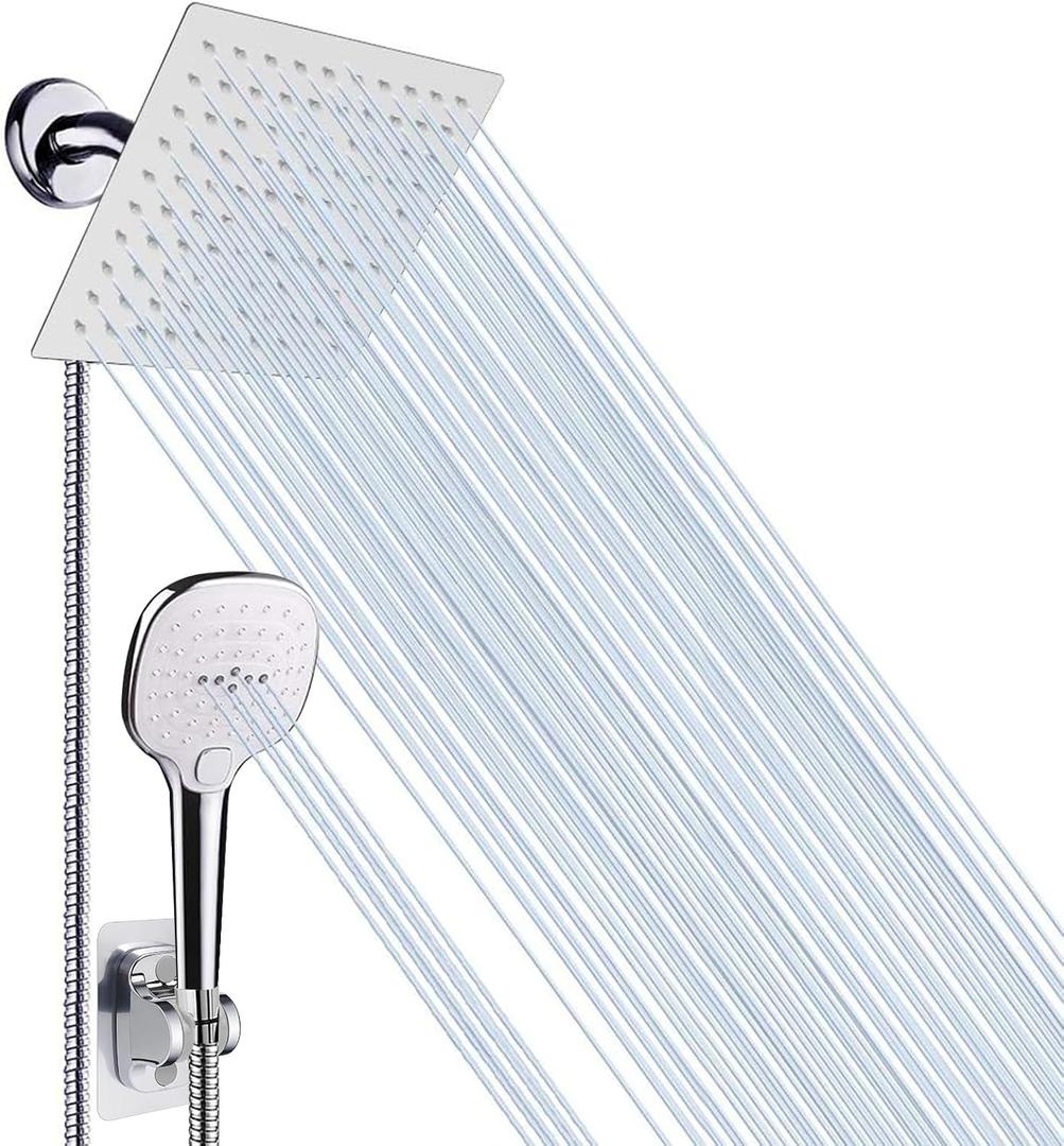NearMoon Shower Head with Hose, High Pressure Stainless Steel Rain Shower and 3 Settings Handheld Spray Combo with Push Button Flow Control (8 Inch Showerhead Set, Chrome Finish)
