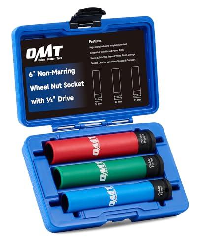 Orion Motor Tech Lug Nut Socket Set, 2pc 1/2" Drive Extra Long Impact Sockets with 17mm 19mm 21mm Metric Sockets, 6" Thin Wall Wheel Lug Nut Deep Sockets with Colored Protective Covers & Carry Case