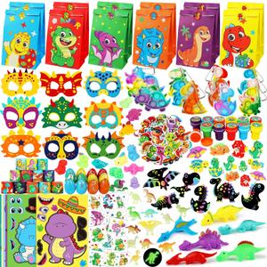 352PCS Dinosaur Party Favors, Dinosaur Birthday Party Decorations Supplies - Stickers Keychains Goodie Bags for Kids Birthday Return Gifts, Dino Slingshot Finger Fidget Toys Bulk