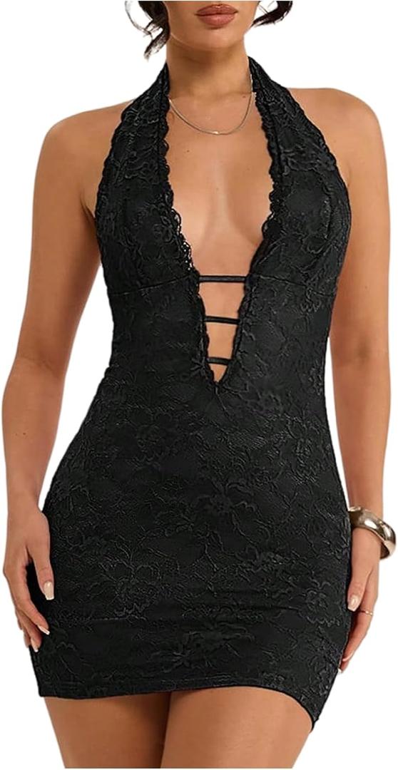 SweatyRocks Women's Sexy Deep V Neck Lace Halter Mini Dress Open Back Bodycon Club Dresses Rave Outfits (Black, L)
