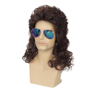 Mens Mullet Wig Brown Long Curly 80s Wigs Halloween Costumes Party Hair Wig for Male(Dark Brown)