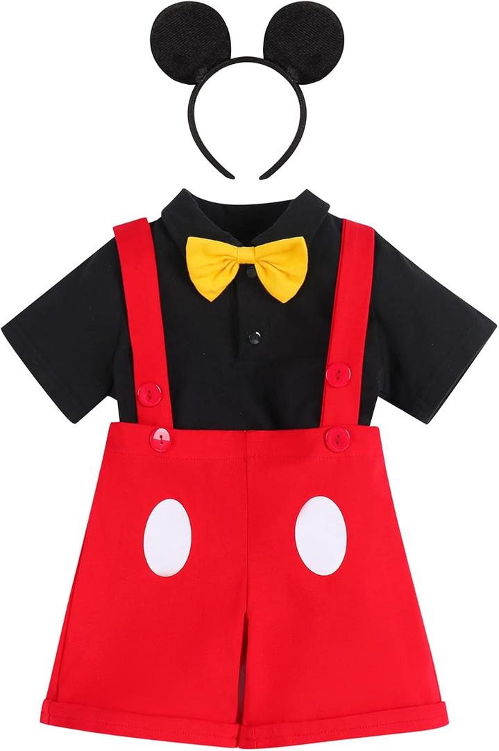 IBTOM CASTLE Gentleman First Birthday Cake Smash Outfits for Baby Boys Formal Suit Bowtie Bib Pants Ears Halloween Set (18-24 Months, Red+balck)