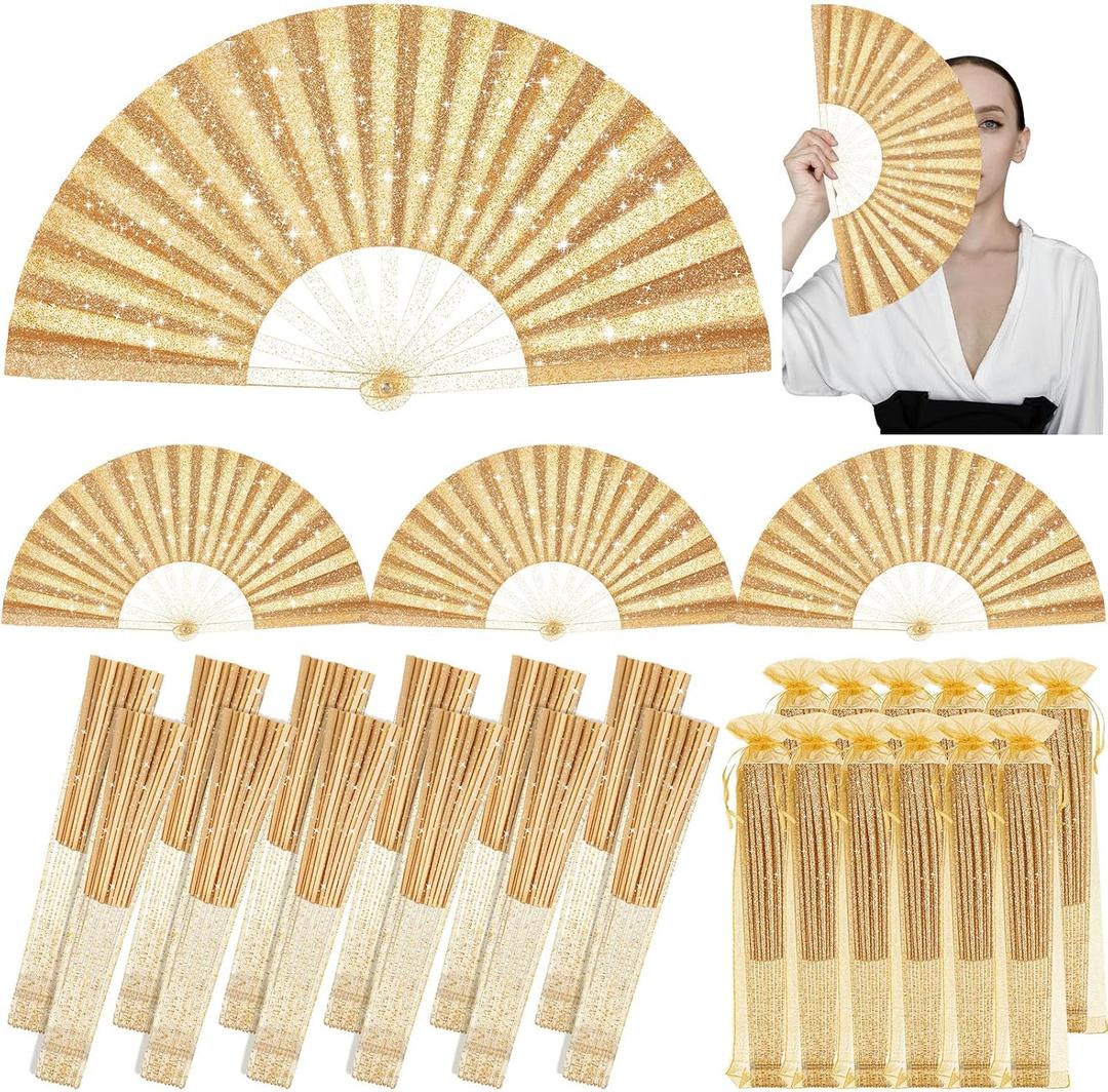 Vercraft 12 Pcs Large Folding Hand Fans for Line Dancing, Fan with Bag Clapping Popping Raves Fans Bulk for Wedding Festival EDM Club Party Decoration (Gold)