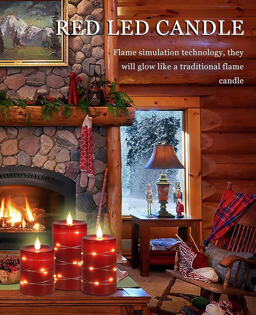 Fanzir Red flameless Candles with Remote Control Timer Battery Operated LED Pillar Candles 4‘’ 5‘’ Fake Candles with String Lights Set of 2 for Christmas or Special Festivals Decorations
