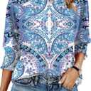 IECCP 3/4 Length Sleeve Womens Tops Summer 2026 Fashion Trendy Boat Crew Neck Smocked Work Dressy Casual T Shirt Blouses (X-Large, Boho Blue)