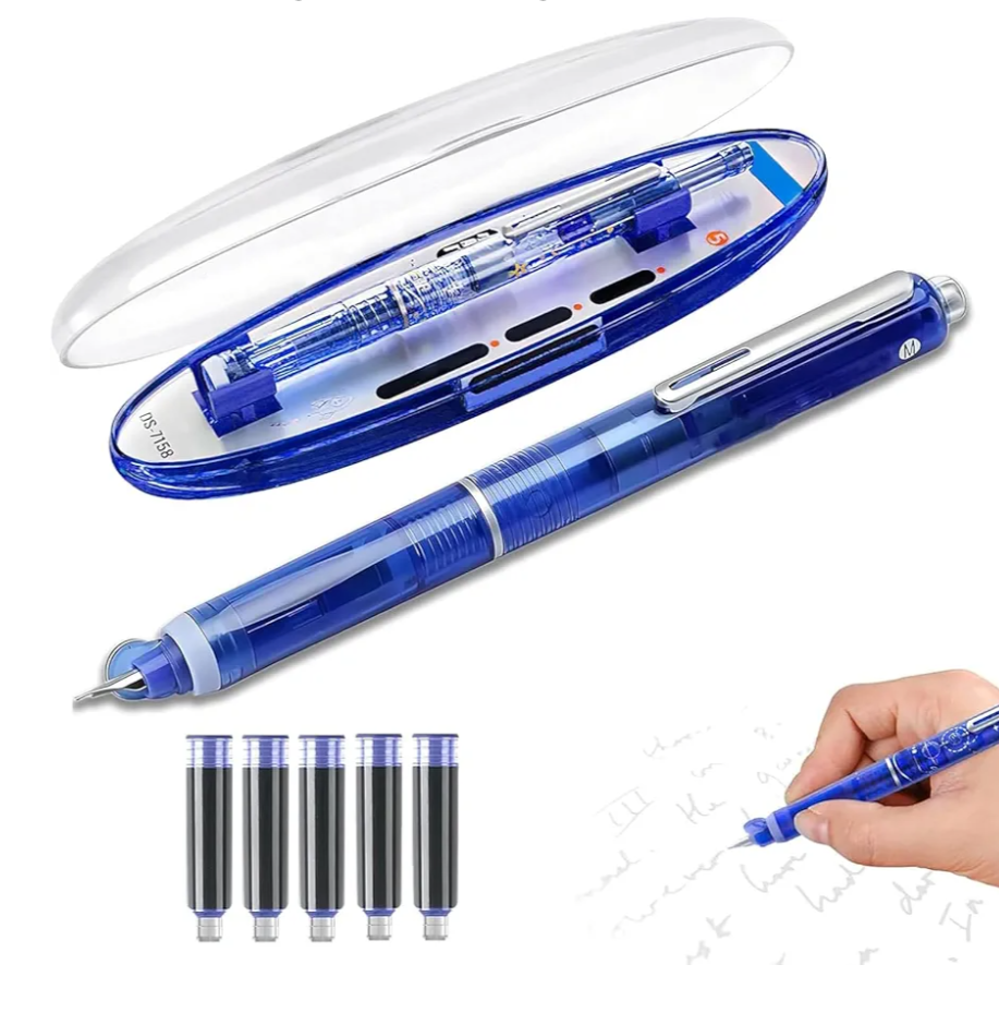 Fountain Pen Retractable: 0.38mm Blue Ink Transparent Barrel Includes 5 Refillable Ink Cartridges, Medium Nib Transparent Barrel for Smooth Writing No Leaking, InkBlue (Dark Blue)