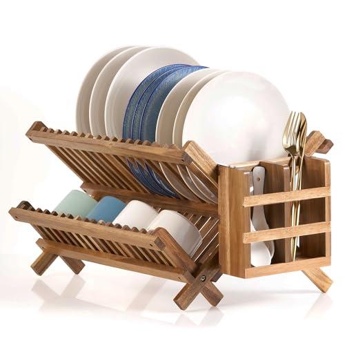 NOVAYEAH Acacia Wooden Dish Drying Rack for Kitchen Counter 2-Tier Collapsible Bmaboo Dish Drying Rack with Utensil Holder-Large Folding Dish Drainer Rack with Flatware Holder 34 pcs Grid