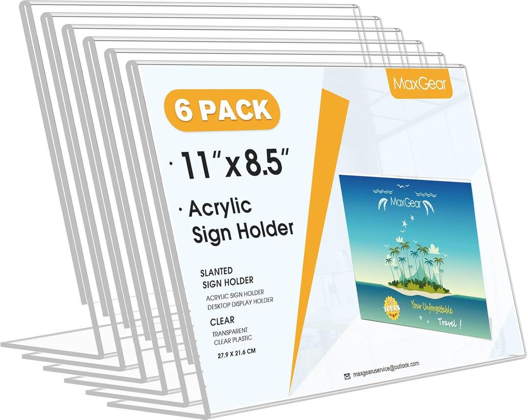 MaxGear Acrylic Sign Holder 8.5x11 Inches Horizontal 6 Pack, Slant Back Clear Flyer Menu Holder Table Top Plastic Display Stands Paper Frames for Office, Store, Restaurants, Landscape