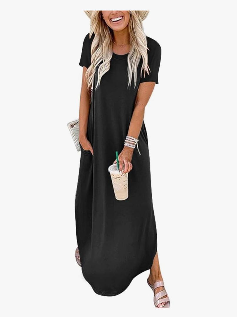 ANRABESS Womens Summer Maxi Dress Short Sleeve Casual Loose Long T Shirt Dresses Split Vacation Beach Sundress Travel Outfits S