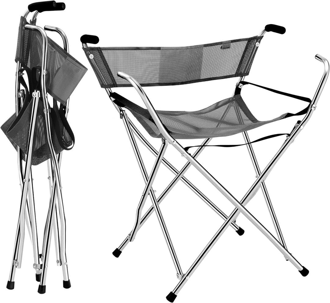 Freshore Canes and Walking Sticks Seat Collapsible 300lbs - Sport Folding Chair Seat Cane 4 Stool Walker for Camping (Heavy Duty Aluminum Alloy 1kg -2.2lb Weight XL Size Grey) (XL GREY)