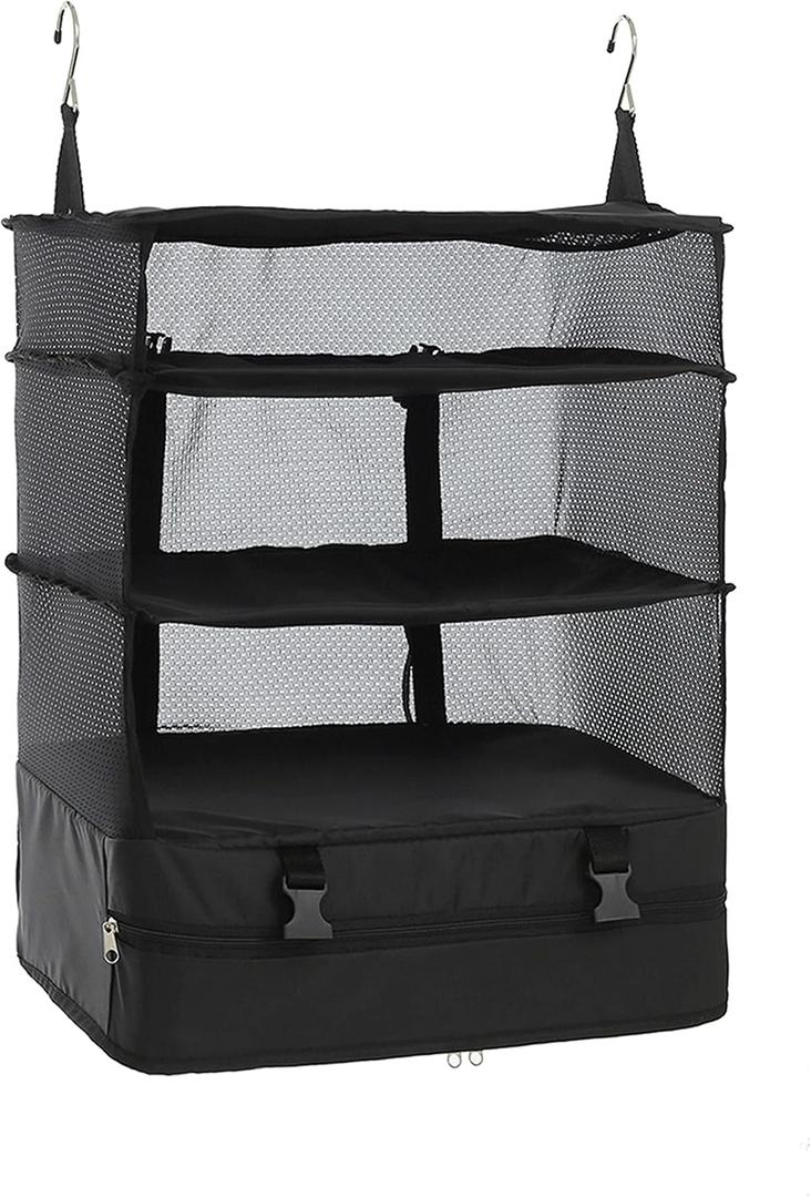ELEZAY Hanging Packing Cubes Portable Travel Closet Collapsible Compression Clothes Organizer with Built in Shelves for Carry-on Luggage Suitcase Wardrobe X-Large_17.1 * 11.8 * 24.4 IN, Black