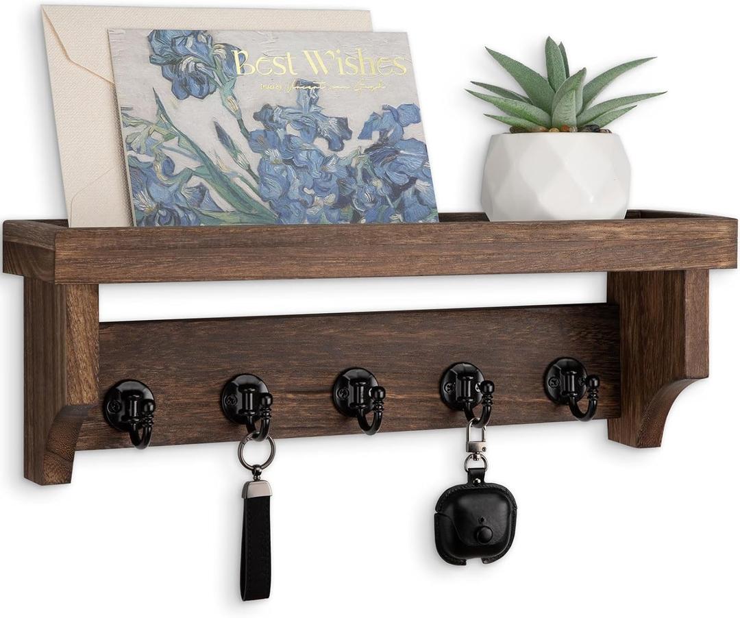 Key and Mail Holder Wall Mount, Key Holder with Shelf and Mail Organizer Wall Mount. Mail Holder with 5 Hooks for Coat, Dog Leash, Home Decor Rack, Entry Way Organizer (Brown)