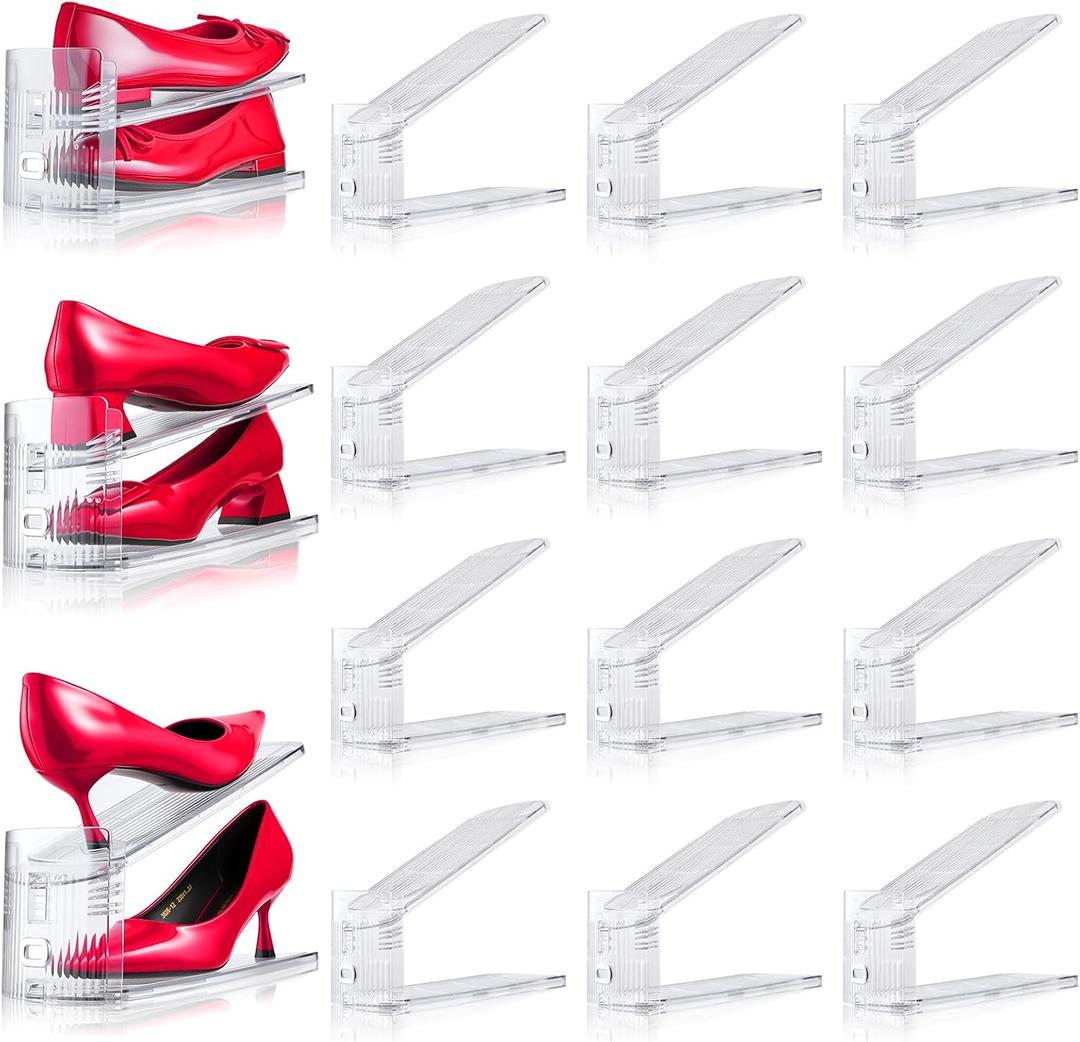 Adjustable Shoe Slots Organizer,12PACK Transparent Shoe Stackers Shoe Rack Holder Shoe Space Savers Double Layer Stack Shoe Racks for Closet Organization(Transparent)