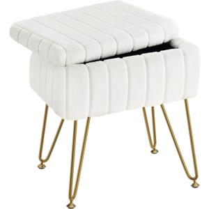Greenstell Vanity Stool Chair Faux Fur with Storage, 15.7"L x 11.8"W x 19.4"H Soft Ottoman 4 Metal Legs with Anti-Slip Feet, Furry Padded Seat, Modern Multifunctional Chairs for Makeup, Bedroom White