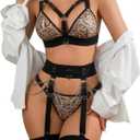 Alrovetoney Sexy Lingerie Set For Women With Garter Belt 5 Pieces Strappy Bra and Panty Set Adjustable With Chain, Size: XX-Large
