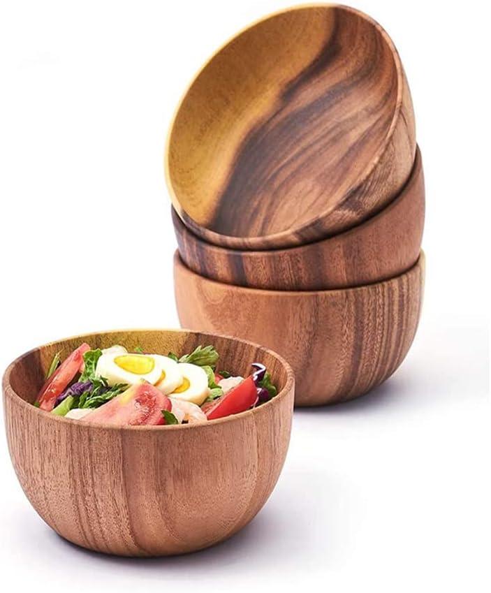 Acacia Wood Small Calabash Bowls - Handmade Carved Set of 4 for Children's Snacks and Serving (4" Dia x 2.4" H)