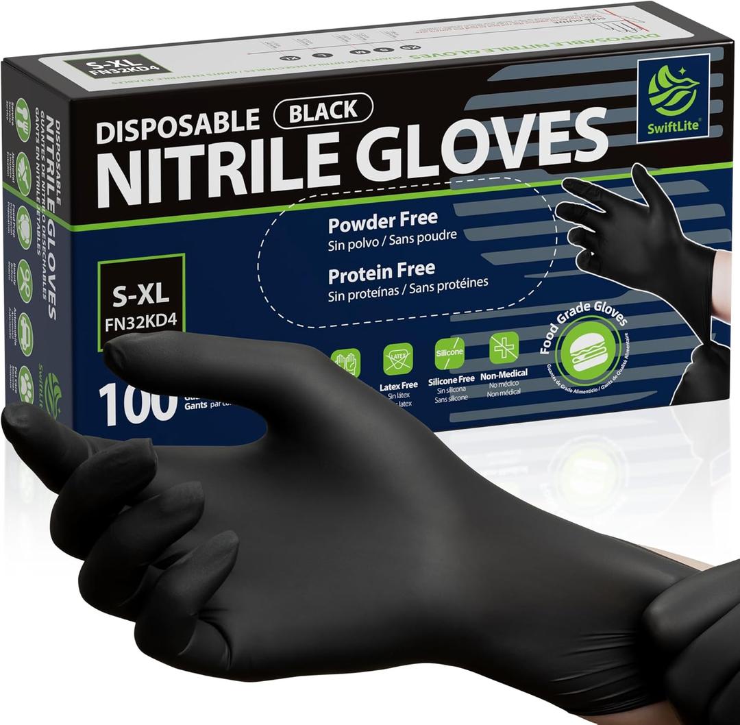 Disposable Nitrile Gloves Black, Food Safe Rubber Gloves Latex-Free Powder-Free for Cooking Food Prep Kitchen Clean (Medium)