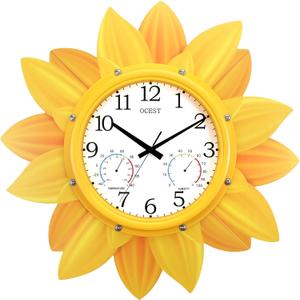 OCEST 24 Inch Outdoor Wall Clock, Waterproof Sunflower Clock with Thermometer & Hygrometer, Silent Non-Ticking Metal Petal Design for Patio, Garden, Pool, Garage
