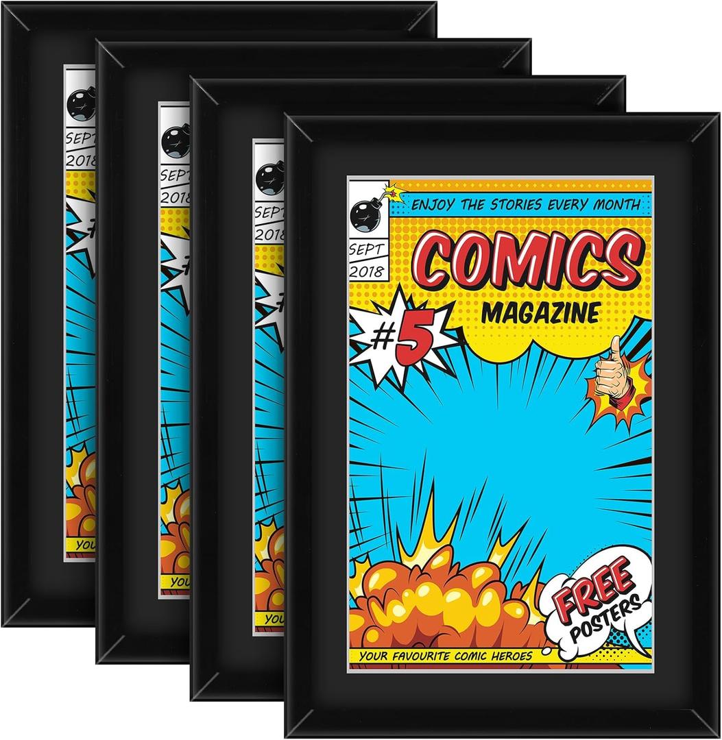 Geetery 4 Pack Comic Book Frame for Wall, UV Protection Comic Picture Magazine Frames Fits Current up to 6 3/4 x 10 1/4, Wall or Tabletop Display with Spring Clips Installed Hangers(Black Mat)