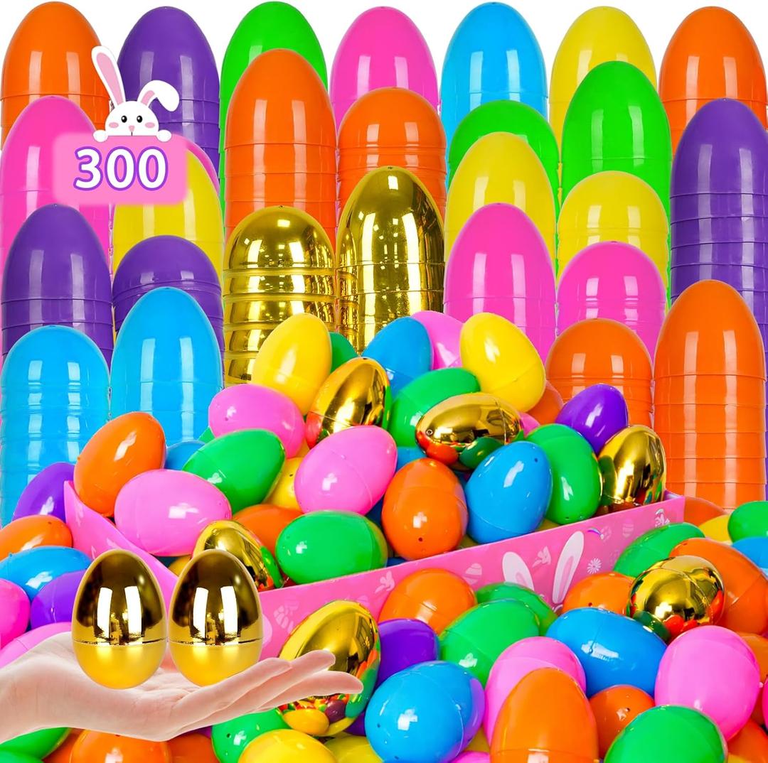[6 Golden Eggs] 300 PCS 2.4" Fillable Plastic Easter Eggs Empty Easter Eggs Colorful Plastic Eggs Bulks for Kids Teens Boys Girls Easter Basket Stuffers Hunt Easter Party Favor