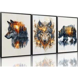 Forest Animal Wolf Bear Wall Art Set Of 3, Rustic Farmhouse Canvas Prints Wall Decor, Hunting Lodge Landscape Paintings, Wild Nordic Style Home Decoration for Living Room Bedroom 24x16in Wood Framed