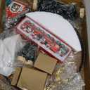 AMH 12 PCS Christmas Table Decorations Set with Oak Rotating Base – Xmas Town Village Centerpiece with Santa, Train, House, Trees & Figurines, Tabletop Decorations for Holiday Dining & Coffee Tables