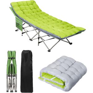 HAITRAL Portable Camping Cot with Mattress - Outdoor Folding Heavy Duty Sleeping Bed with Side Pocket for Adults - Oxford Single Lounge Chaise for Camping Tent Beach Office Max Load 300 LBS (Green)