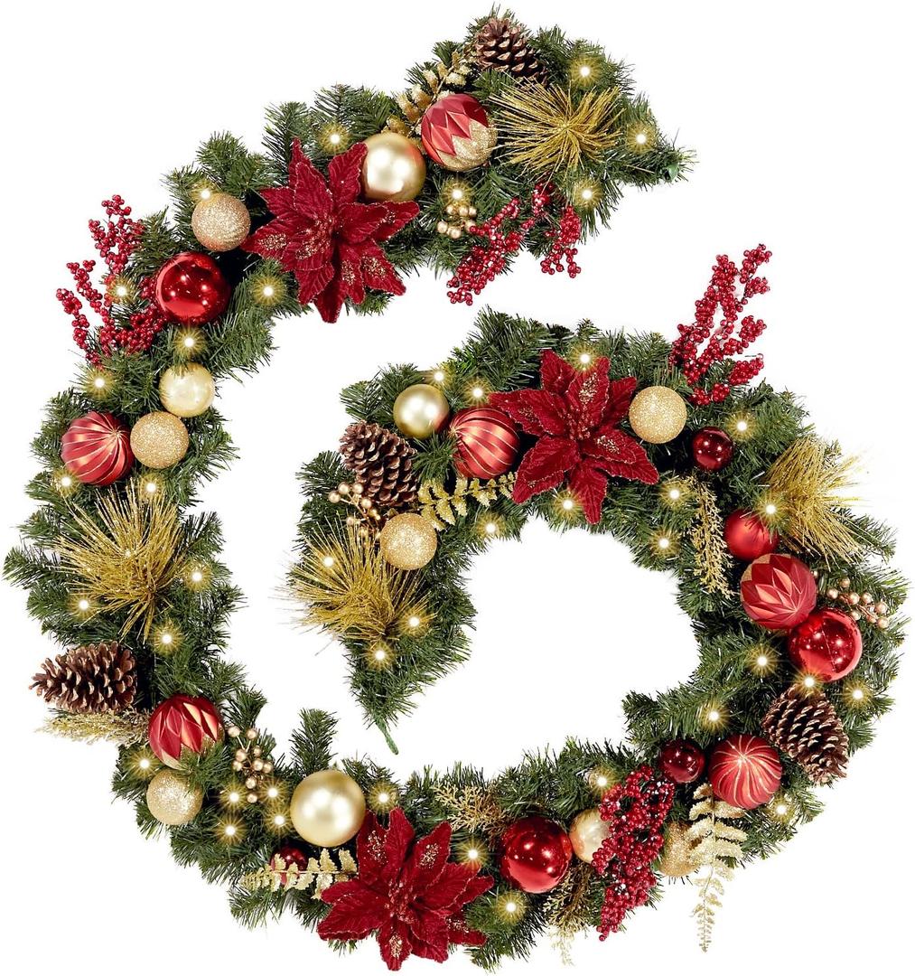 WBHome Pre-lit 9 Feet/108 Inch Christmas Garland Classic Red&Gold Themed with 50 LED Lights Holiday Decorations, Battery Operated (Batteries NOT Included)