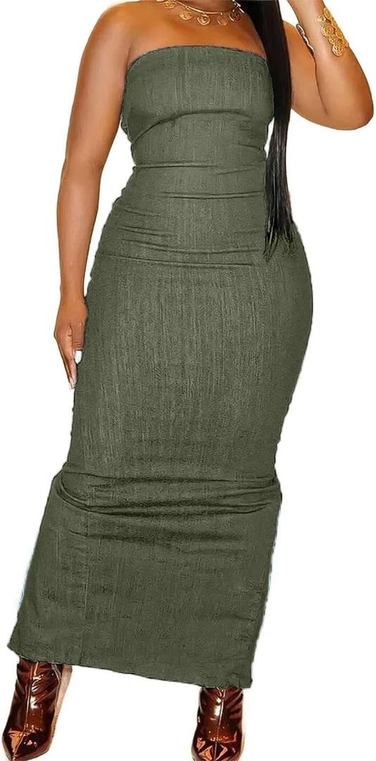 Flamingals Sexy Off Shoulder Sleeveless Maxi Dress for Women Zip Back Split Hem Party Long Dress (Green, M)