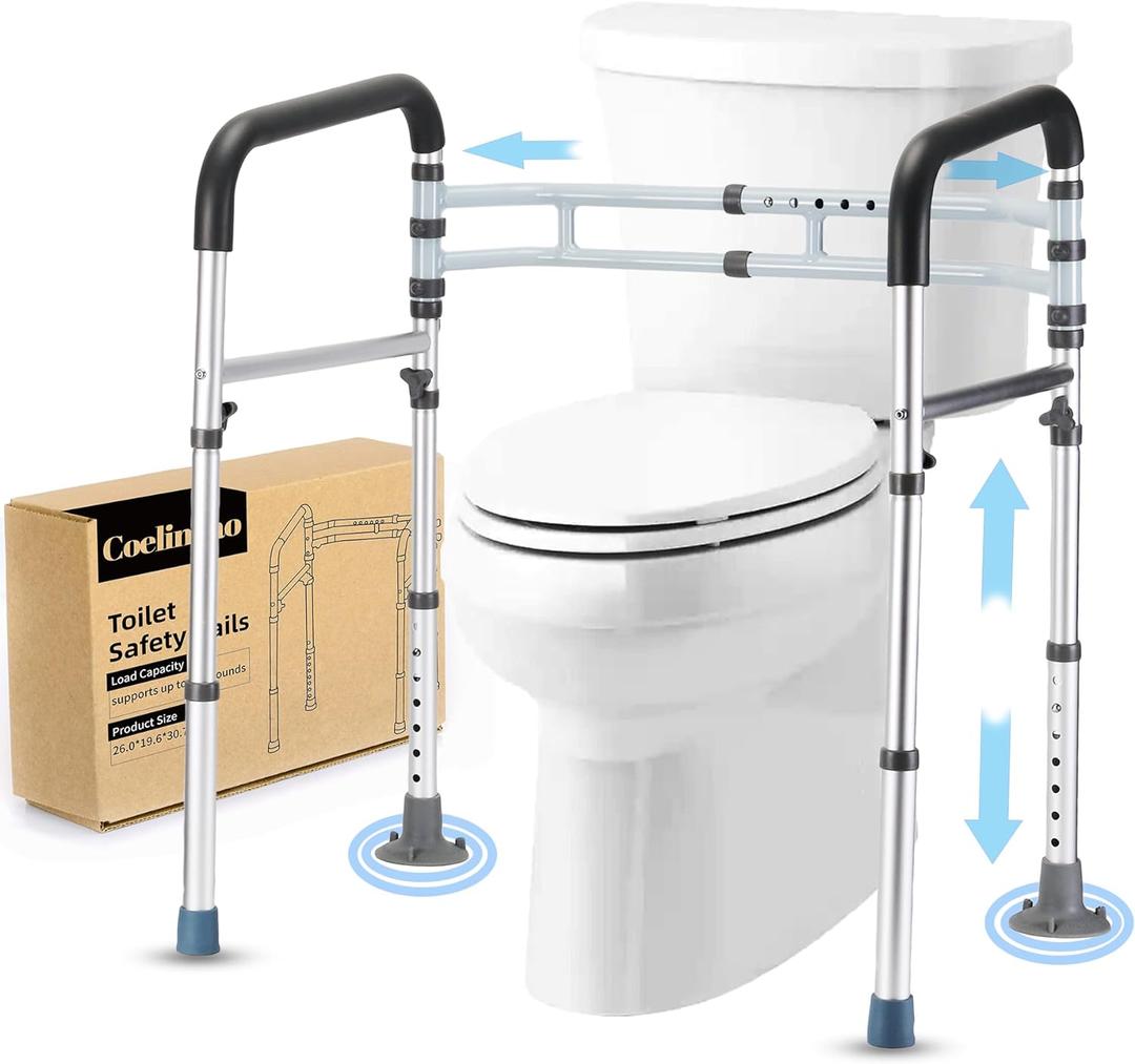 Toilet Safety Rails (300 LB) Adjustable, Foldable Toilet Handle Frame for Elderly & Disabled Adults, Supports All Toilet Types