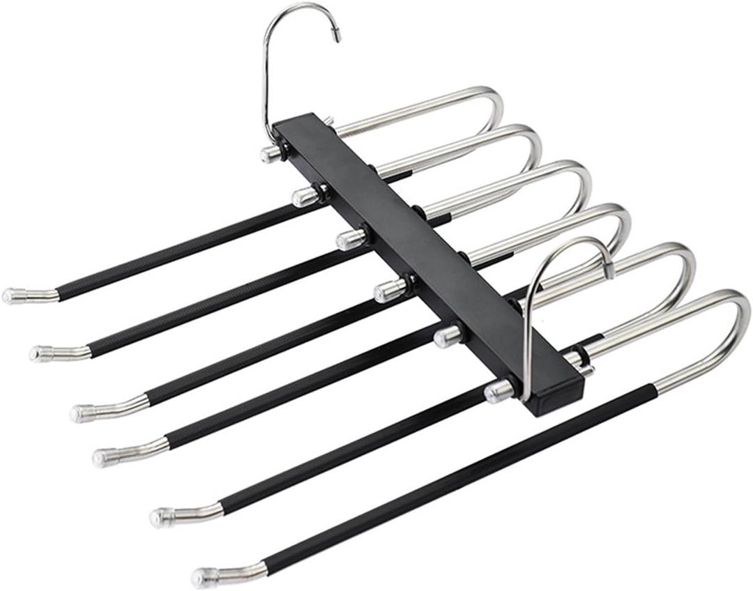 Pants Hangers Multi-Folding Trouser Rack Stainless Steel Telescopic Storage Rack Wardrobe Multi-Layer Hanging Tie Scarf Holder (35cm, Black)