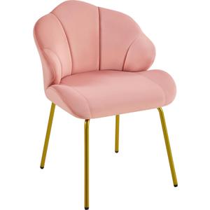 Yaheetech Vanity Chair, Velvet Accent Chair with Shell-Shaped Backrest, Modern Armchair with Gold Metal Legs for Dressing Room/Bedroom/Living Room, Pink