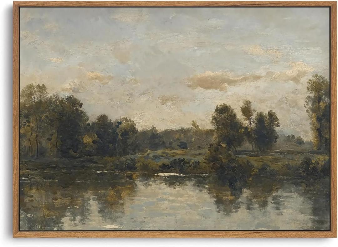 ZZLWBKGL Vintage Framed Wall Art Landscape Wall Decor Natural River Canvas Art Farmhouse River Pictures Rustic Paintings Country Artwork For Living Room Study Bedroom, 24"L x 16"W