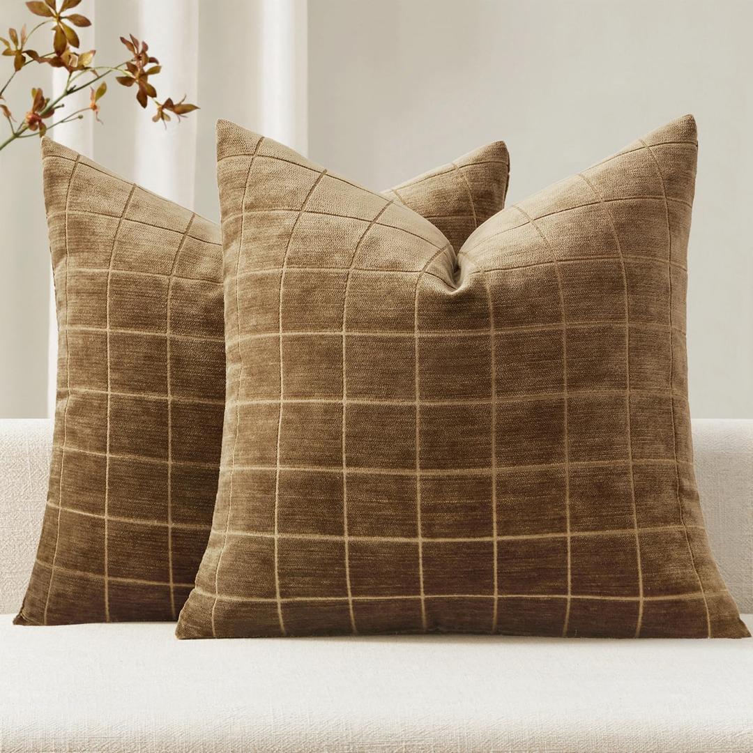 MIULEE Decorative Chenille Check Throw Pillow Covers Vintage Plaid Couch Pillows 20x20 Inch Set of 2 Neutral Boho Farmhouse Cushion Covers Modern Home Decor for Sofa Bed Living Room Toffee
