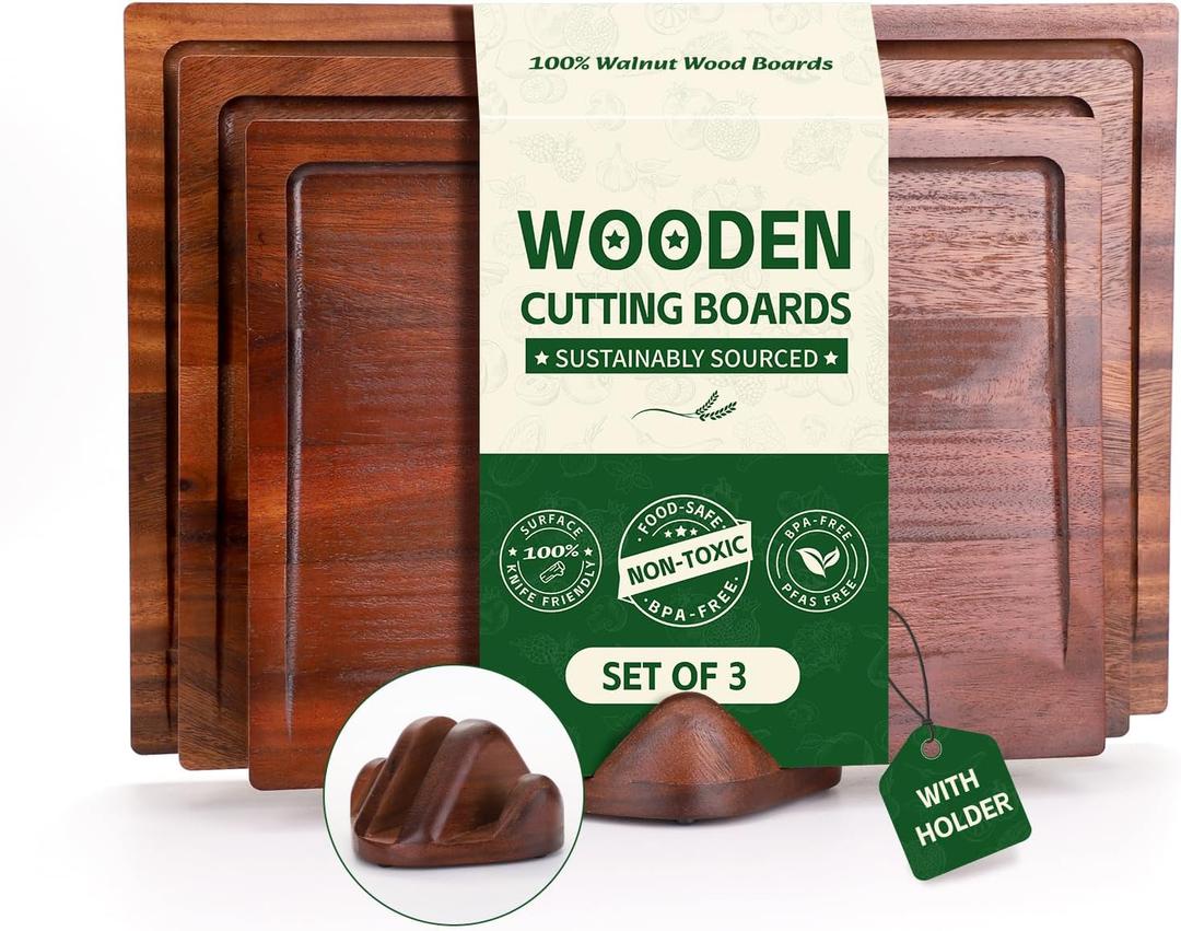 Walnut Wood Cutting Boards for Kitchen, 3 PCS Wooden Cutting Board Set with Holder Large to Small, Chopping Board Set with Deep Juice Grooves, Non Toxic Serving Tray, Perfect Mother's Day Gifts