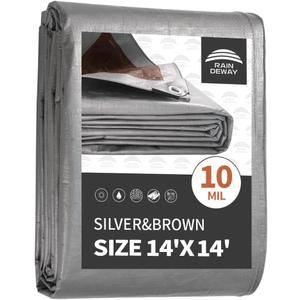 RAINDEWAY 14x14 Feet Tarps Heavy Duty Waterproof,10Mil Thick Multipurpose Poly Tarp Cover with Metal Grommets and Reinforced Edges,Silver/Brown Tarp