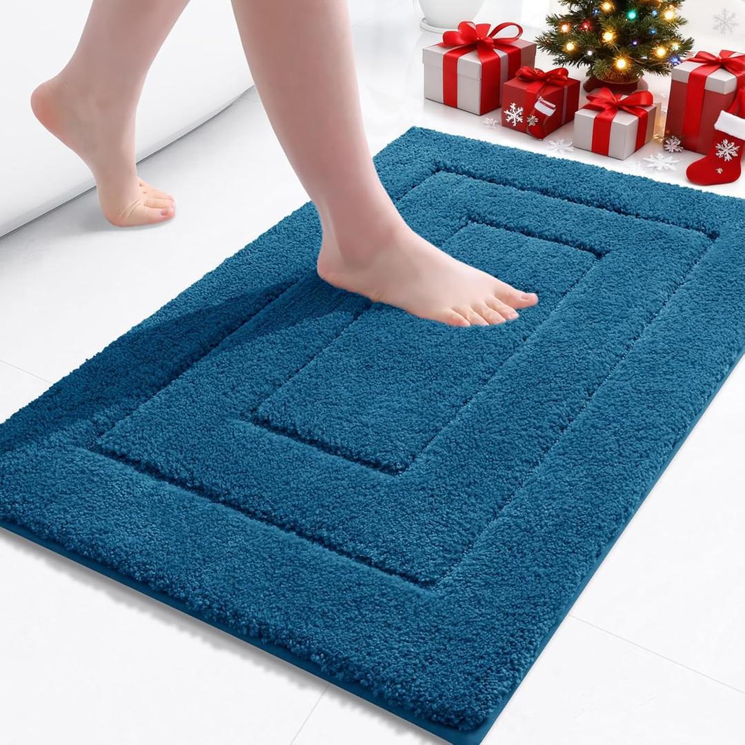 Buganda Bathroom Rugs, 24" x 16", Soft and Absorbent Microfiber Bath Rugs, Non-Slip Shaggy Shower Carpet, Machine Wash Dry Bath Mats for Bathroom Floor, Tub and Shower, Peacock Blue