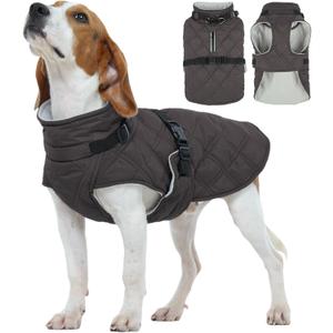 Kuoser Dog Coat Warm Fleece Lining Turtleneck Dog Jacket with Harness Built-in, Adjustable Windproof Cold Weather Coats with Quick Release Buckle Pet Winter Snowsuit for Medium Large Dogs, Grey L (Large (Chest Girth:24.4"))