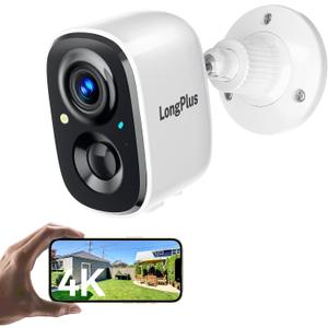 LongPlus 8MP Security Cameras Wireless Outdoor: 4K Battery Powered Security Camera, Outside Camera Support 2.4G/5GHz WiFi, 24/7 Recording, Color Night Vision, AI Motion Detection, SD/Cloud Storage