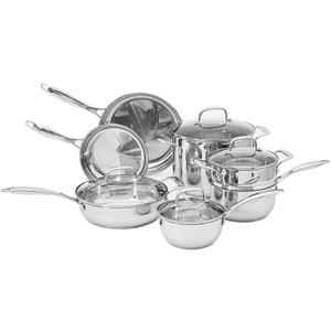 Amazon Basics Stainless Steel Cookware 11-Piece Set, Oven Safe, Induction-Ready, Even Heating, Non Toxic, Stay-Cool Handles, Pots and Pans, All Stovetops, Glass Lids, Silver