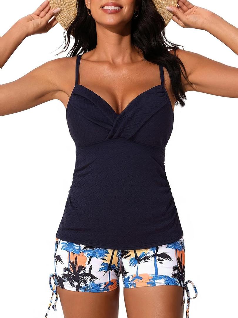 MiYang Twist Front Tankini Swimsuits for Women 2025 Flattering Tummy Control Ribbed Two-Piece Bathing Suits (X-Large, Sunset Palm Silhouette)