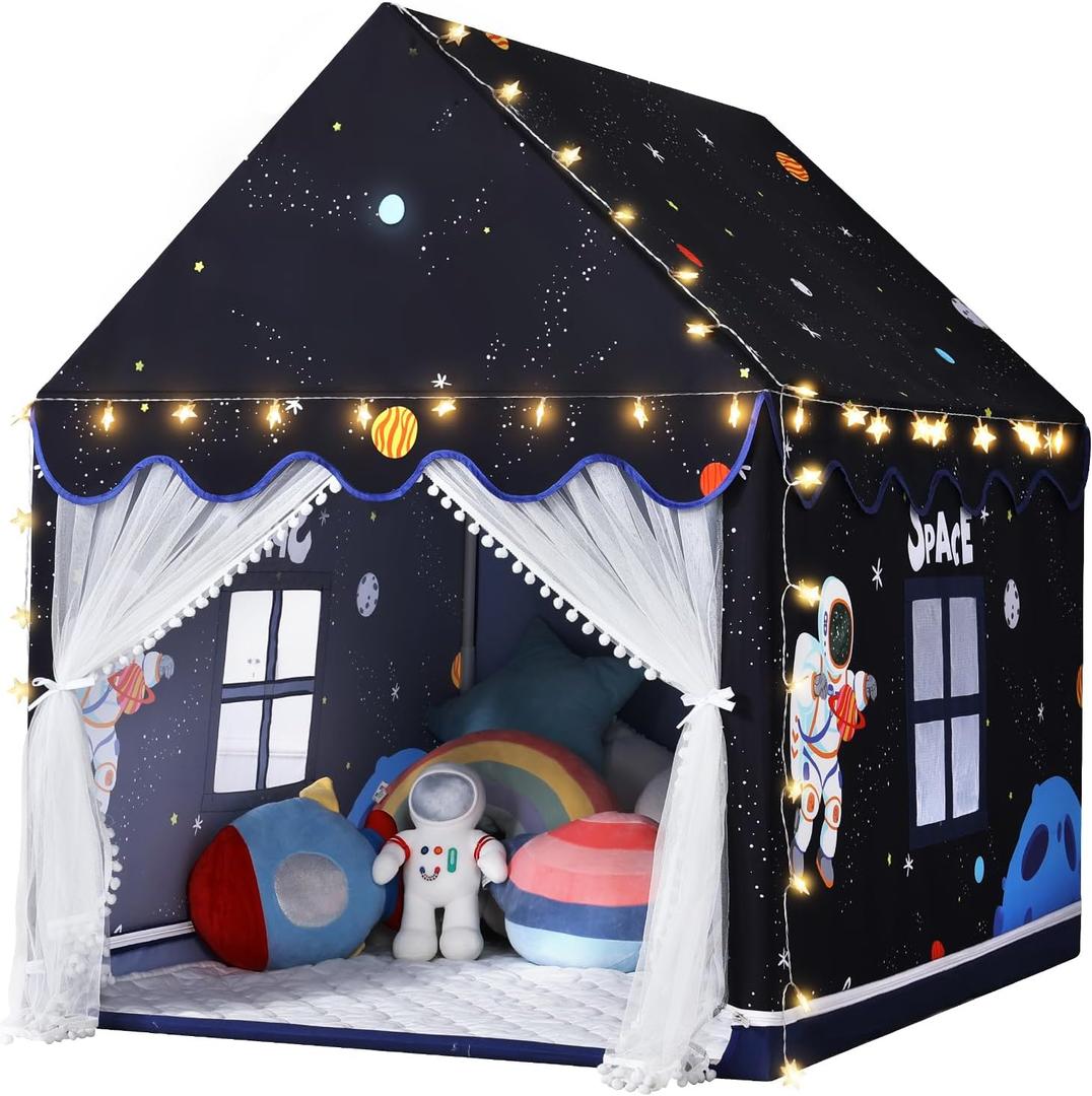 Wilwolfer Space Kids Tent Indoor: Mat, Star Lights - Kids Play Tent Space Decorations for Toddlers - Astronaut Toys Rocket Ship Toys (Black)