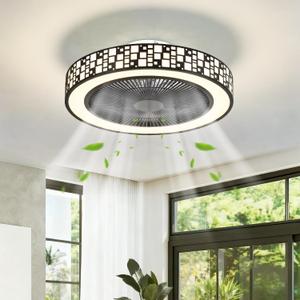 Modern Ceiling Fans with Lights, Low Profile Flush Mount Ceiling Fan Light Fixture, 3 Wind Speeds LED Reversible Ceiling Fan with Lights and Remote for Bedroom (Black