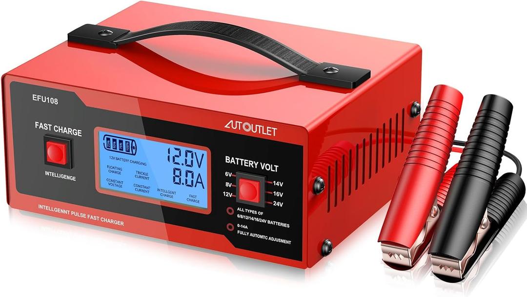 AUTOUTLET Upgraded 8 Volt Battery Charger for Golf Cart Automotive Battery Charger and Maintainer 0-14A with Cable Clamps for 6/8/12/14/16/24V Lead-Acid Batteries (Red)