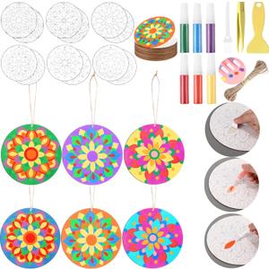 12 Pcs 7 Inch Wooden Diwali Mandala Sand Arts Rangoli Mandala Sand Art with 6 Colorful Art DIY Coloring Kit for Indian Festivals Gifts Diwali Party Decor Supplies