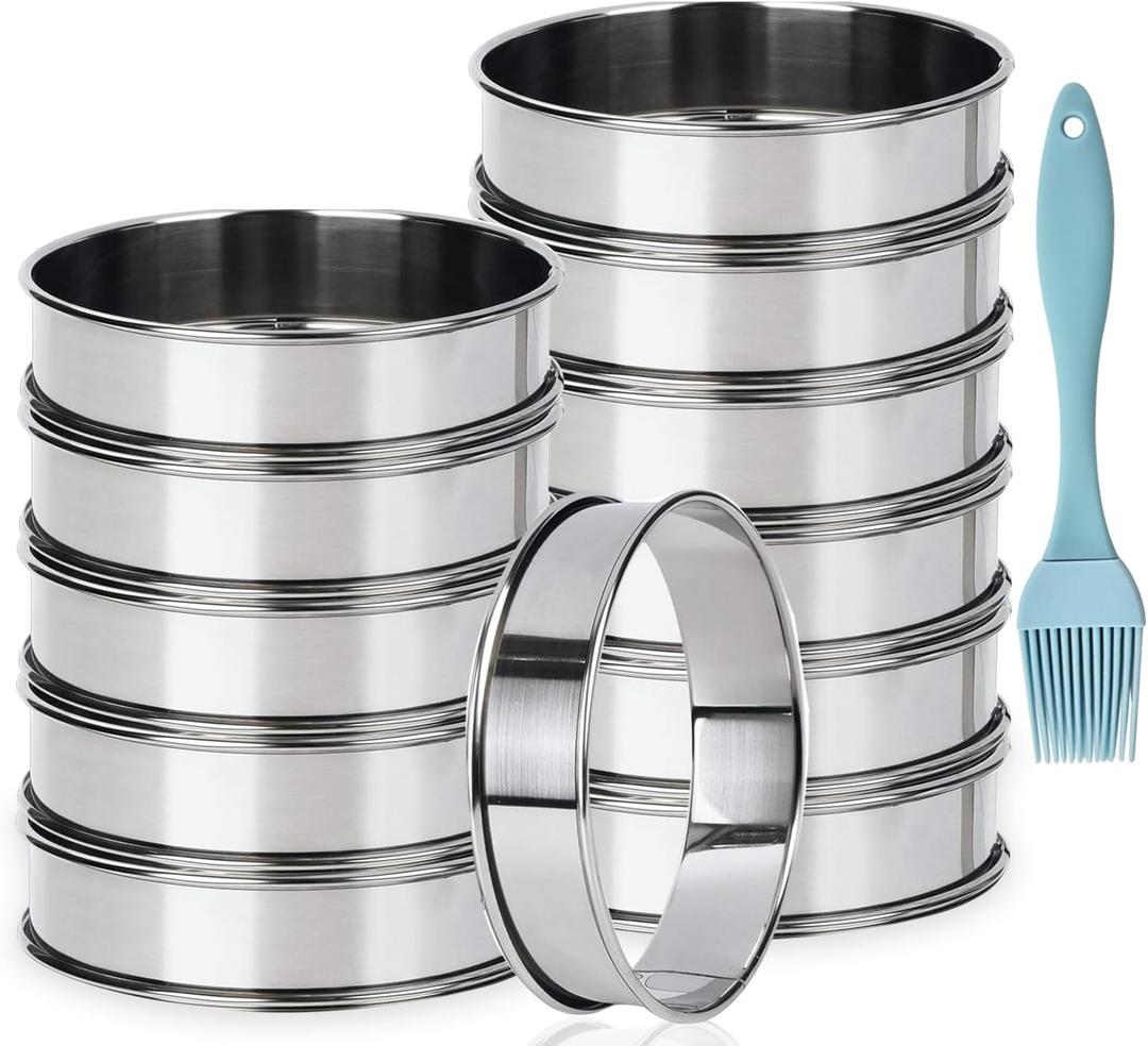 LOSYHU 12 Pack 4 Inch Metal English Muffin Ring Nonstick Crumpet Rings Stainless Steel Double Rolled Tart Molds with Silicone Brush for Kitchen Baking